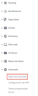 Hostinger menu with Advanced expanded and the DNS Zone Editor option