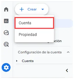 Botó Crea de Google Analytics 4 amb l'opció Compte marcada