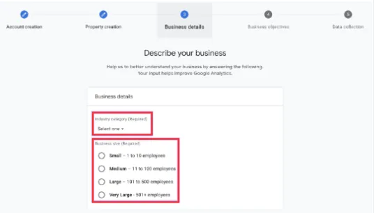 Business details in GA4: industry category and business size