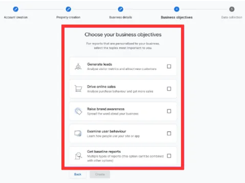 Business objectives screen when creating a GA4 property