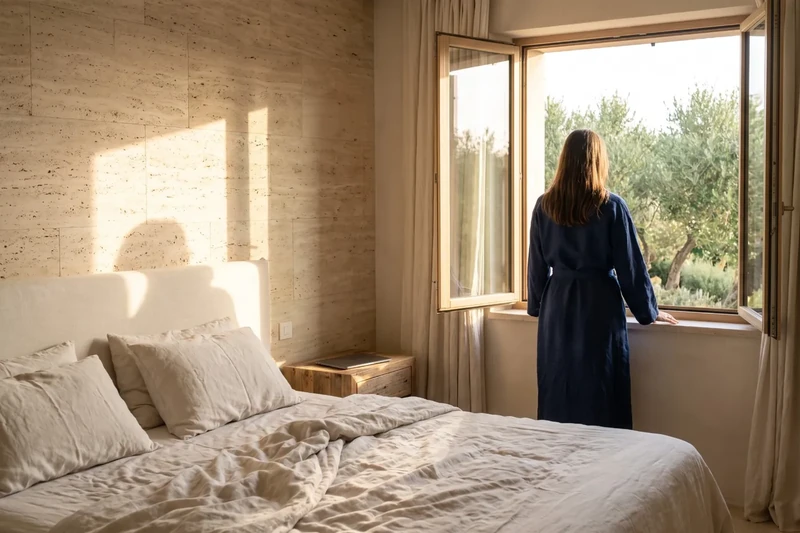 Dormitori de luxe amb llum de l'alba i vistes a un jardí
