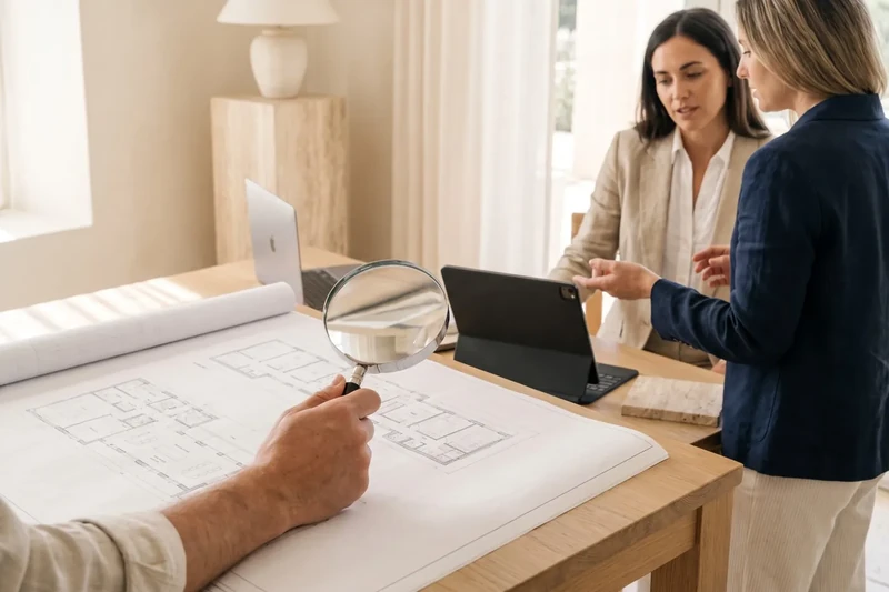 Mà amb una lupa sobre un plànol d'arquitectura