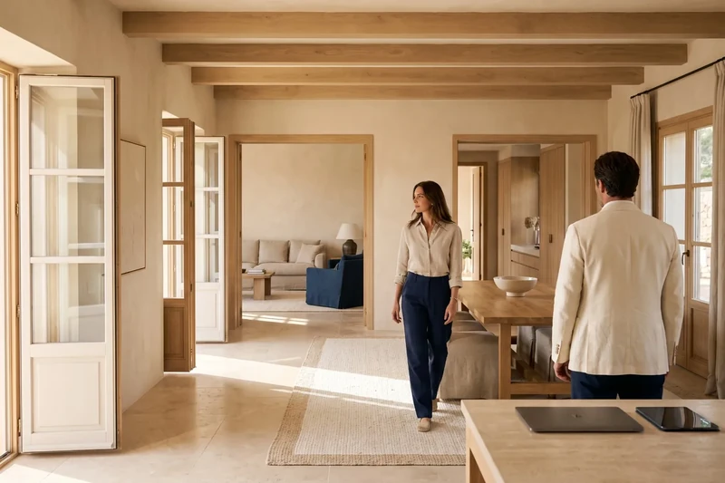 Interior gallery with doors open onto bright rooms