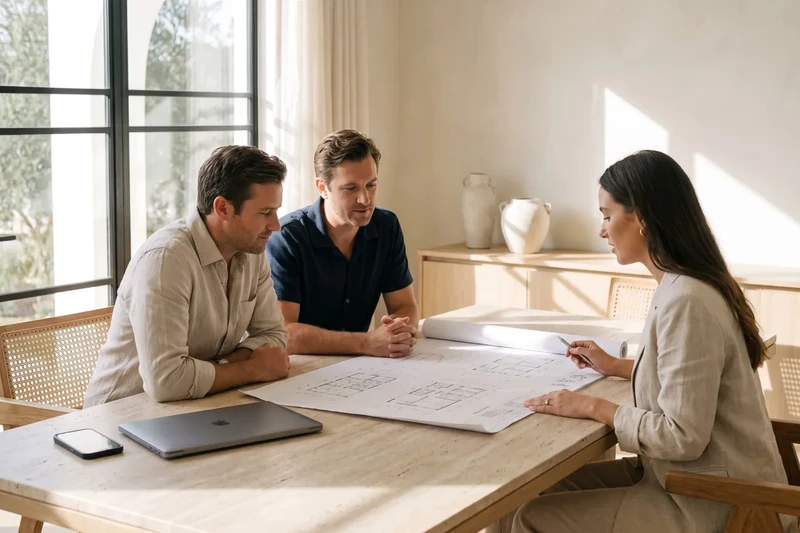 Agent assisting a couple with a floor plan on the table