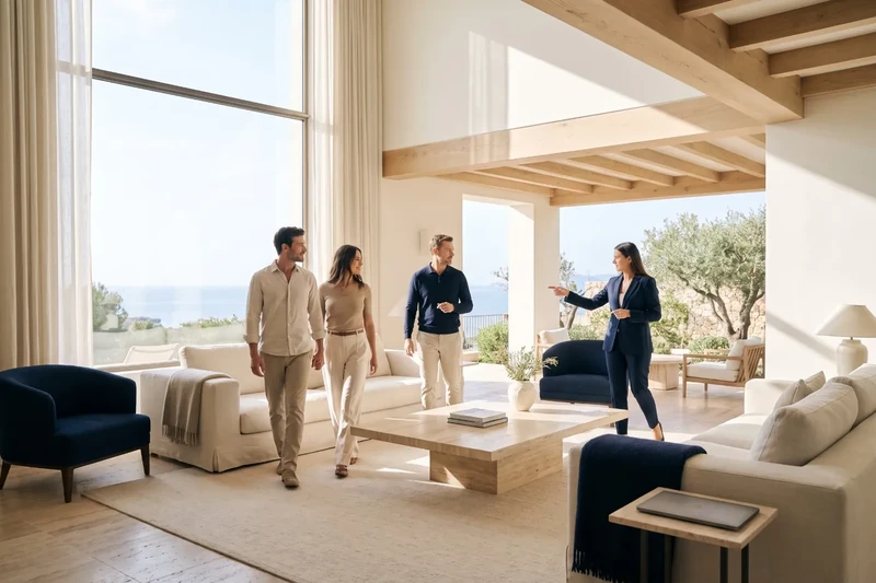 Couple viewing a double-height living room with the agent