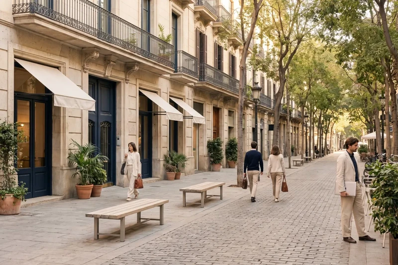 Tree-lined street in a residential neighbourhood of Barcelona