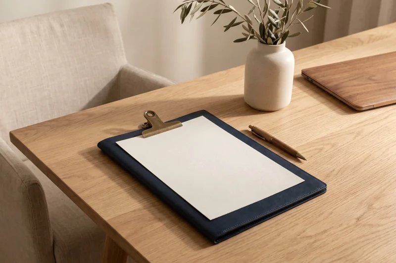 Printed list on a navy blue leather folder