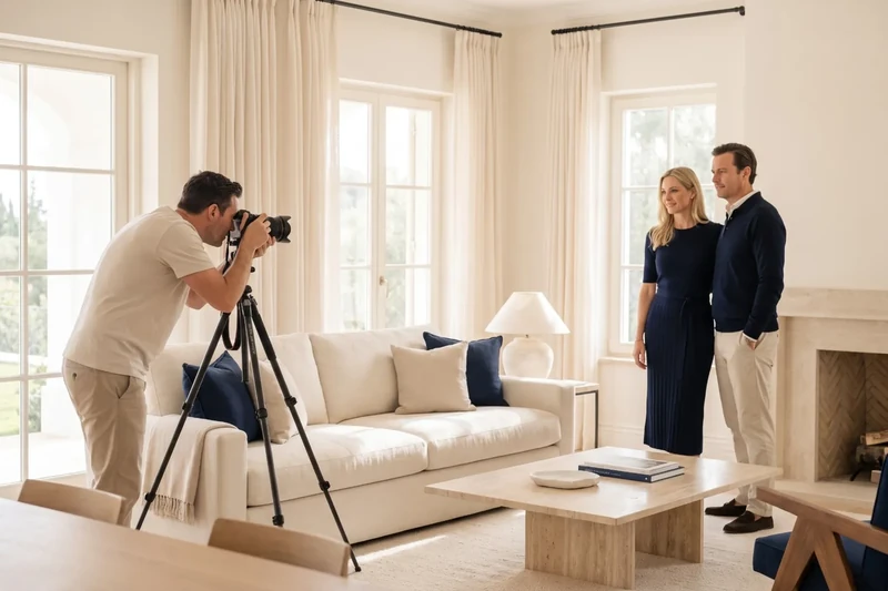Fotògraf fent fotos de la sala d'estar d'una casa de luxe