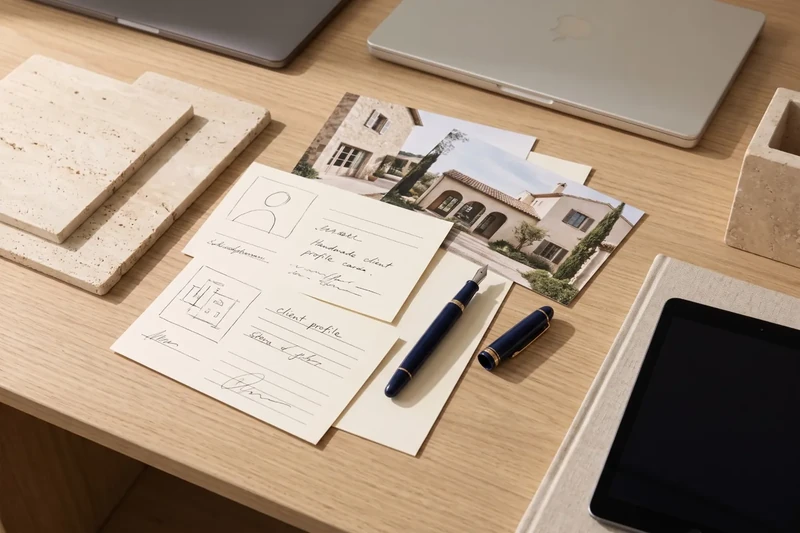 Client profile cards and photos of houses on a desk