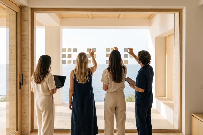 Team sticking notes on a glass wall
