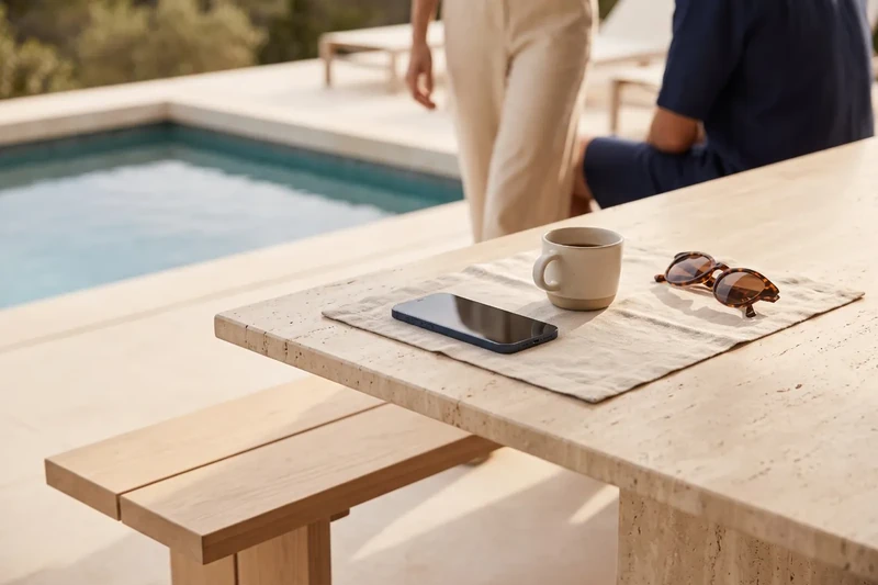 Phone, coffee and sunglasses on a terrace with a pool