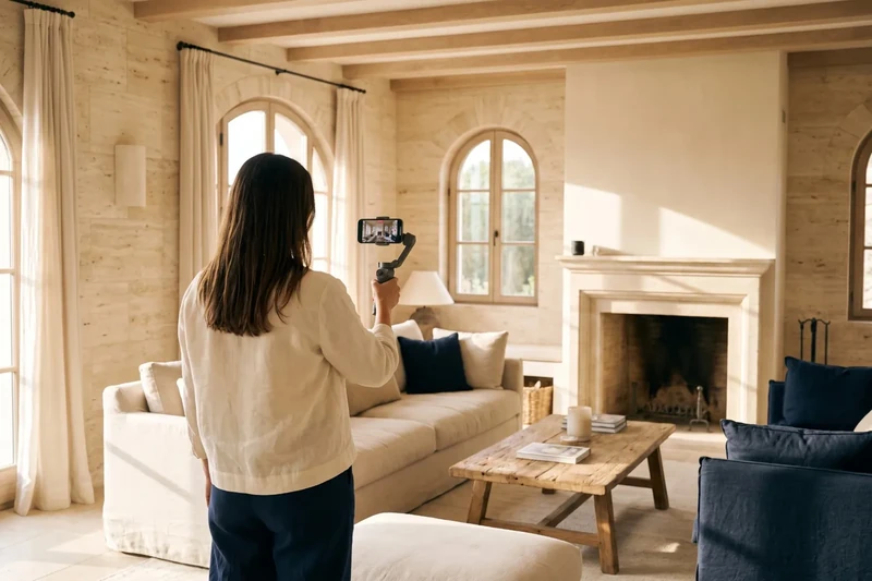Creadora gravant amb el mòbil l'interior d'una casa de luxe