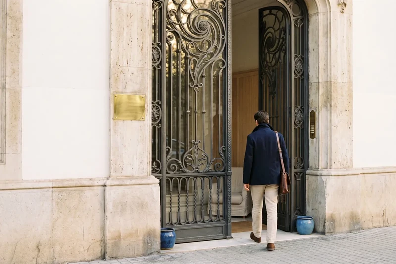 Portal d'una finca senyorial amb placa de llautó