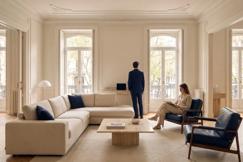 Living room of a stately flat in Madrid with high ceilings