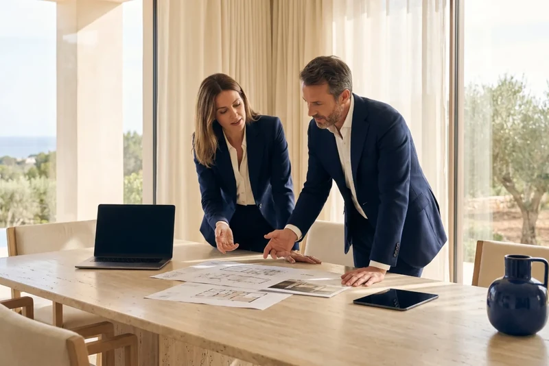 Two professionals comparing documents in a meeting room