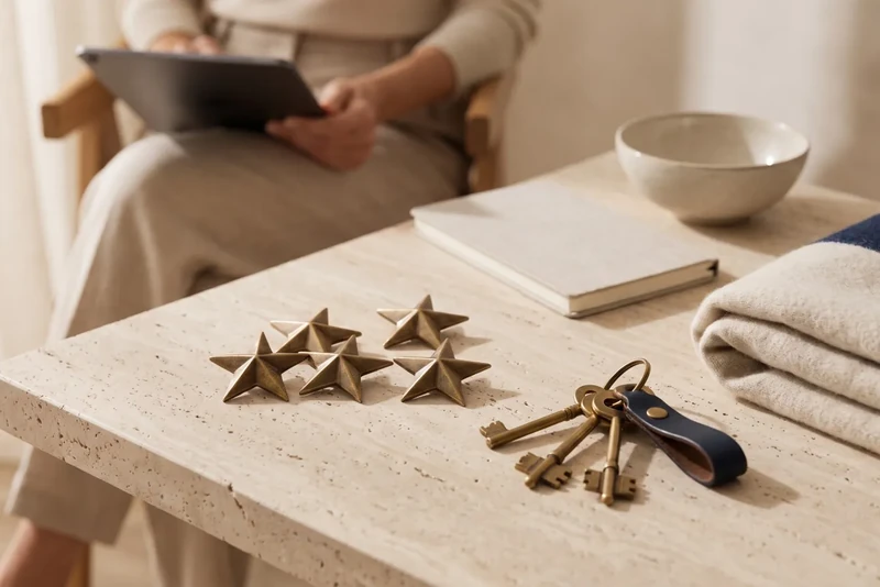 Five brass stars next to a set of keys on travertine