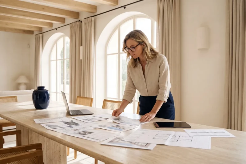 Consultant studying printed documents on a table