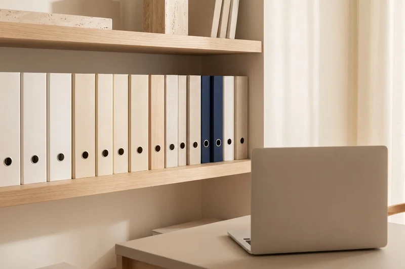 Folders sorted by category on a wooden shelf