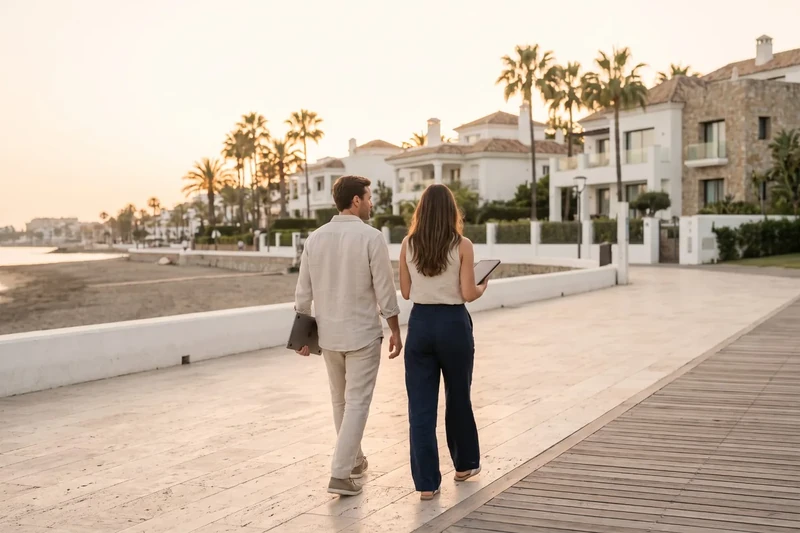 Seafront promenade with white villas and palm trees