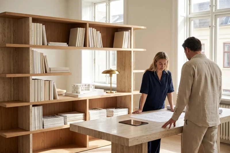 Prestatgeria amb llibres d'arquitectura i una maqueta blanca