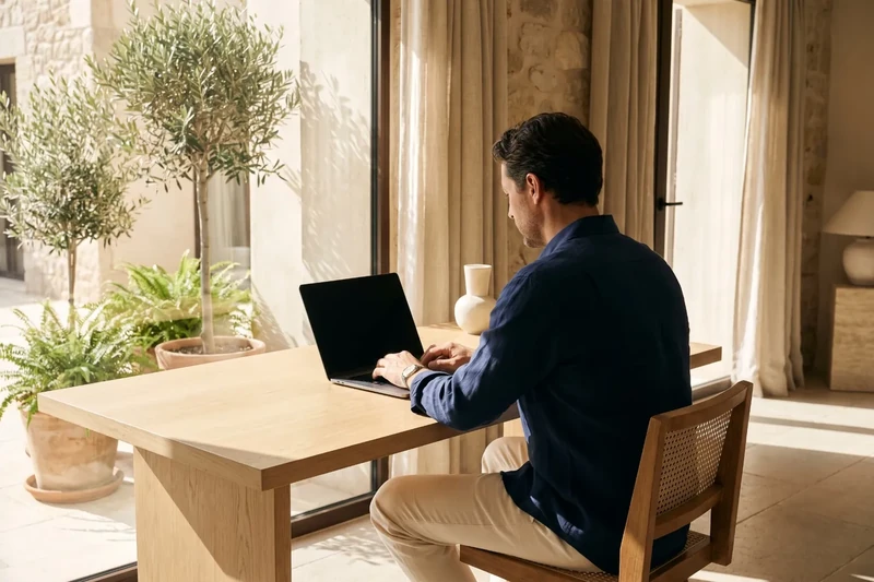 Professional working on a laptop by a window