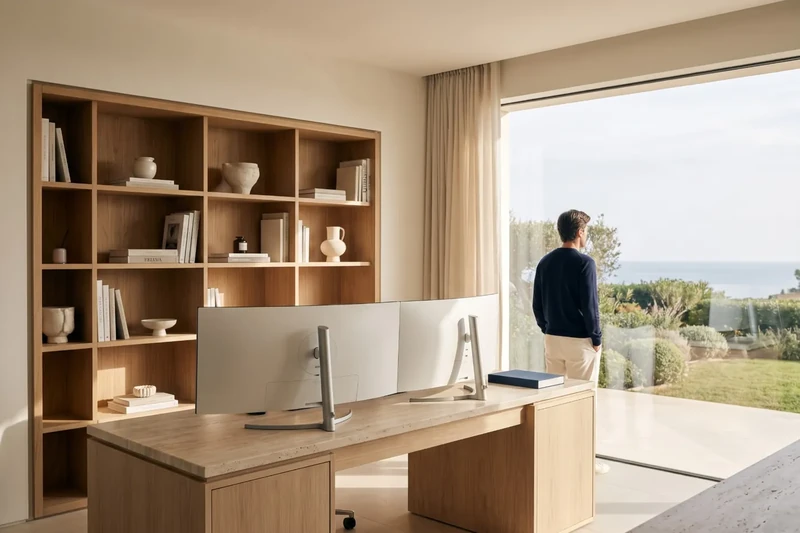 Real estate agency office with screens facing away