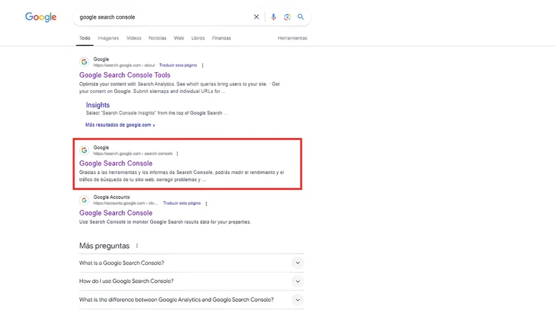 Google results for “google search console” with the official link highlighted