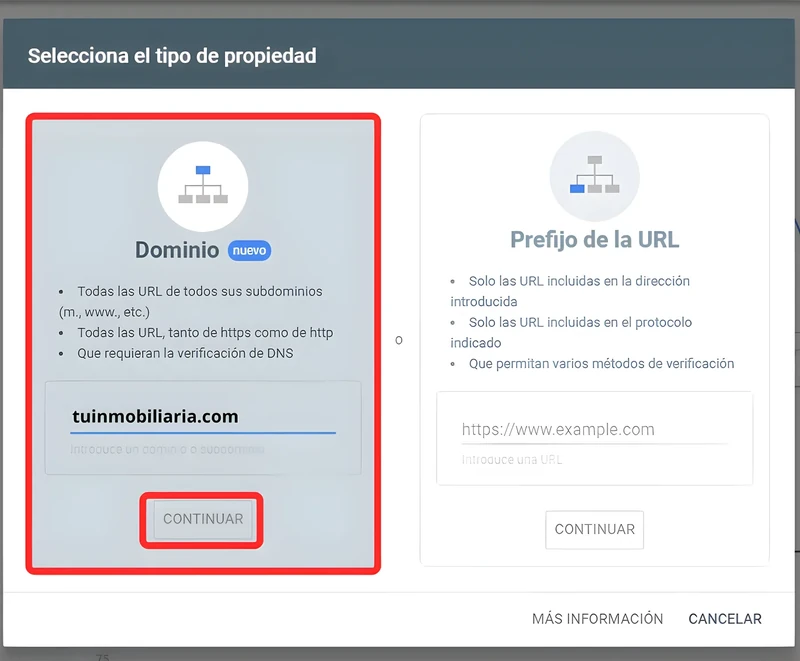 Search Console window for choosing between a domain property and a URL prefix