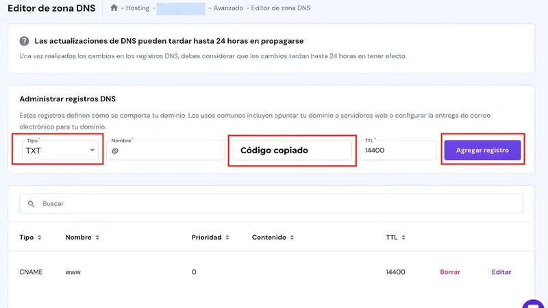 Hostinger DNS Zone Editor with a new TXT record and the code pasted in