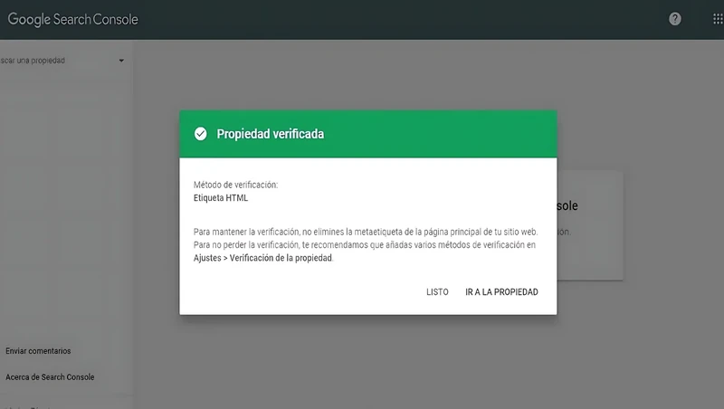 Search Console notice: ownership verified