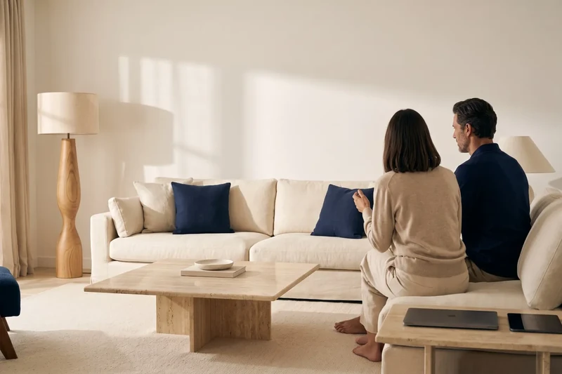 Sala d'estar moblada amb sofà crema i coixins blau marí