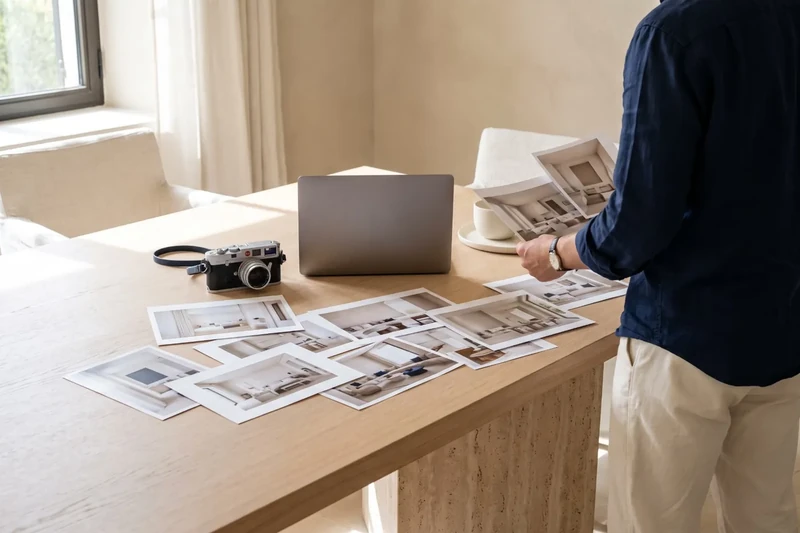 Càmera rèflex i fotografies impreses d'interiors sobre una taula