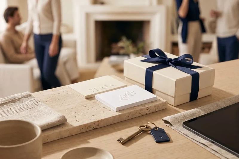 Materials de marca en tons crema i blau marí