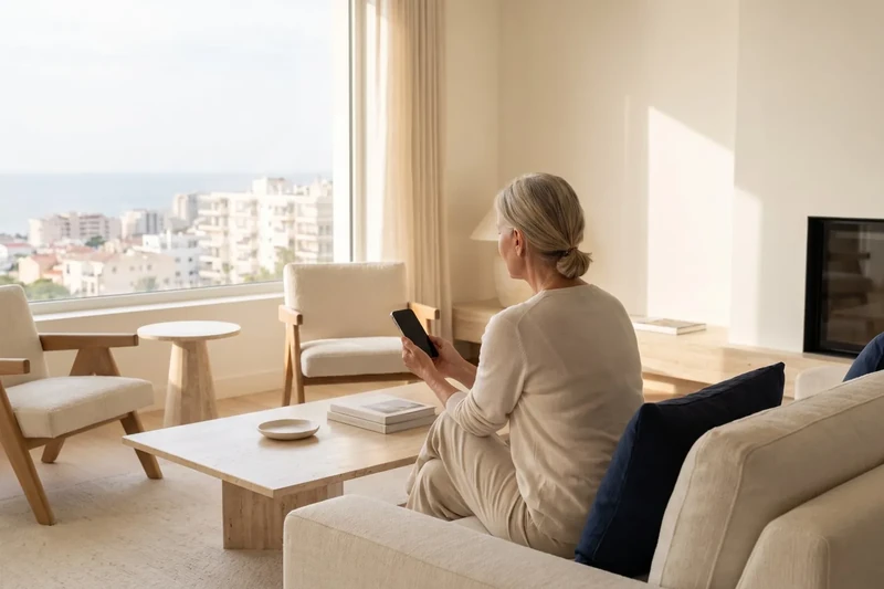 Woman holding her phone in her living room, deep in thought
