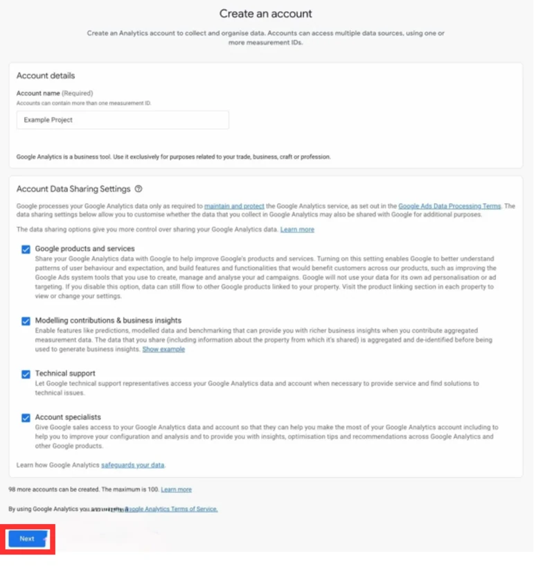 Formulari per crear un compte de Google Analytics: nom i opcions per compartir dades