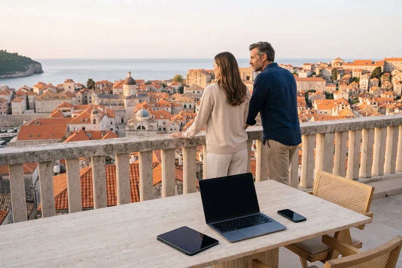 Ciutat mediterrània a l'alba des de la terrassa d'un àtic