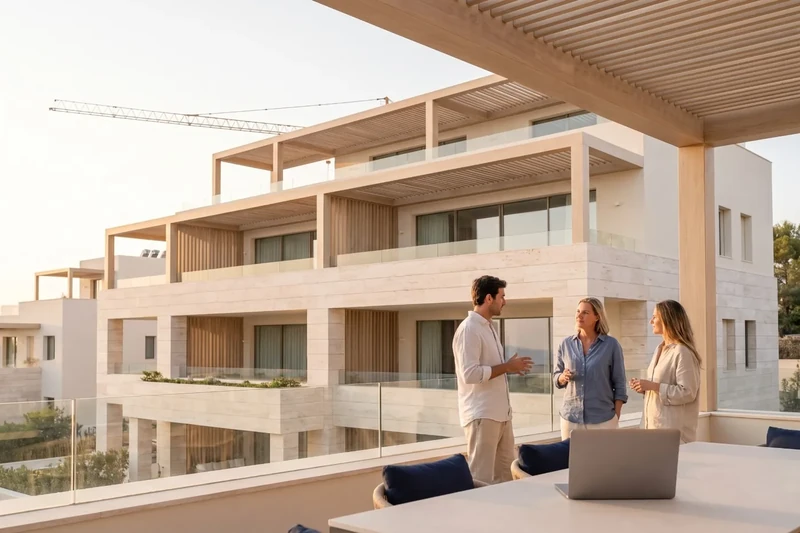 Nearly finished luxury housing development at sunset