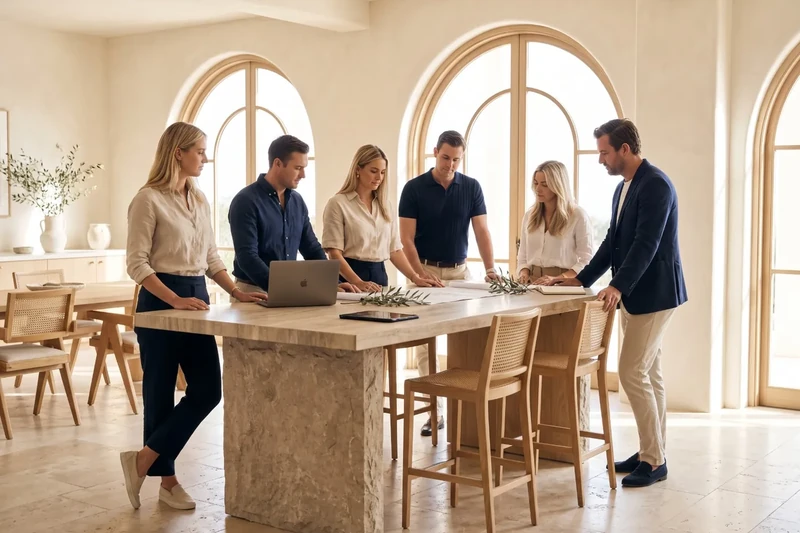 Team gathered around a high table