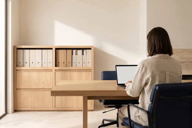 Wooden filing cabinet with neatly ordered folders