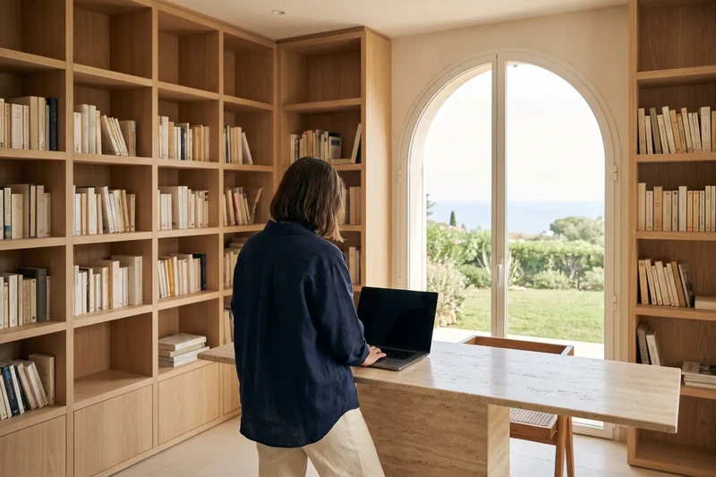 Copywriter writing in a home library