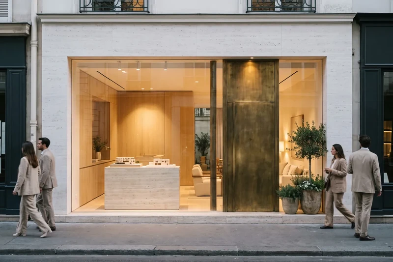 Façade of a luxury real estate agency at dusk