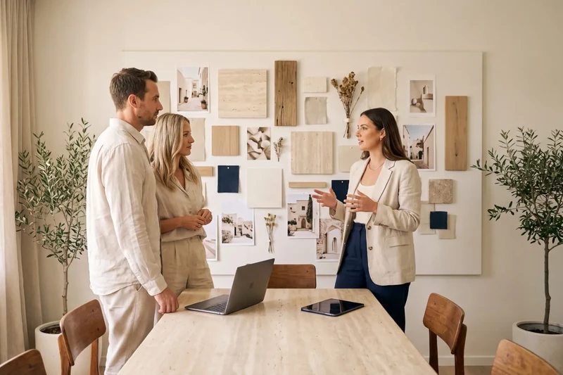 Brand consultant talking with the owners of a real estate agency
