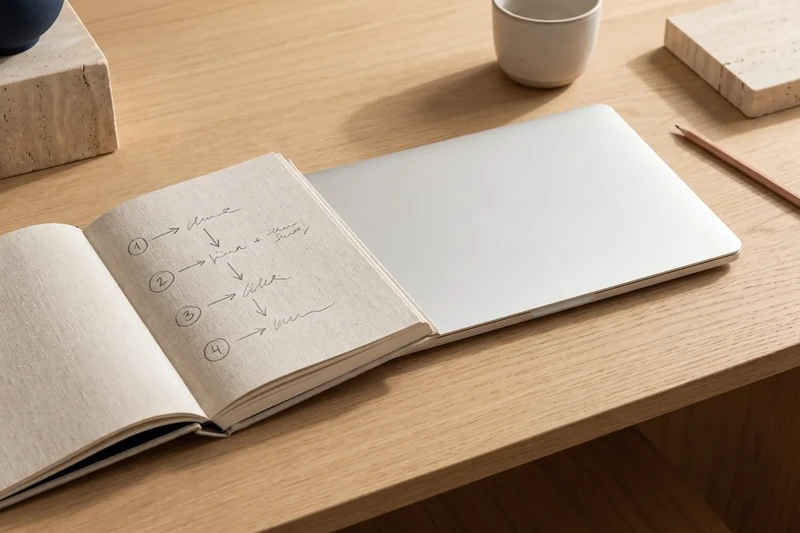 Notebook with a five-step outline sketched in pencil