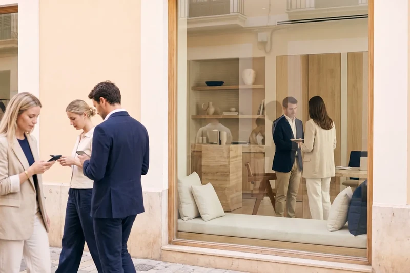 Real estate agency shop window with passers-by looking at their phones