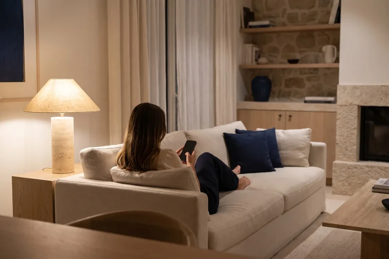Woman browsing on her phone on the sofa at night