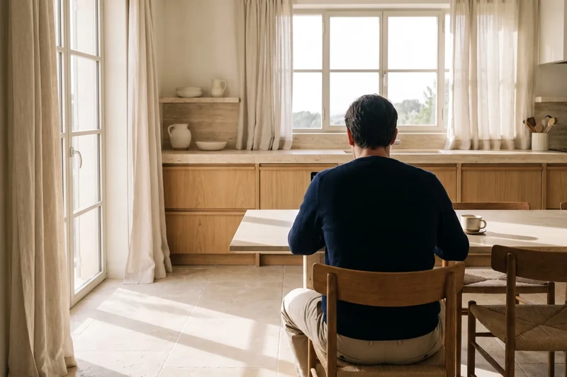 Man searching on a laptop at his kitchen table