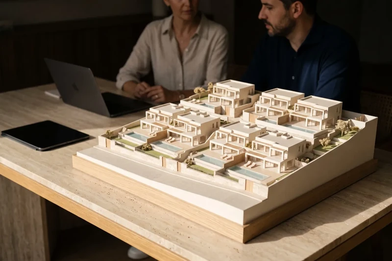 Illuminated scale model of a housing development