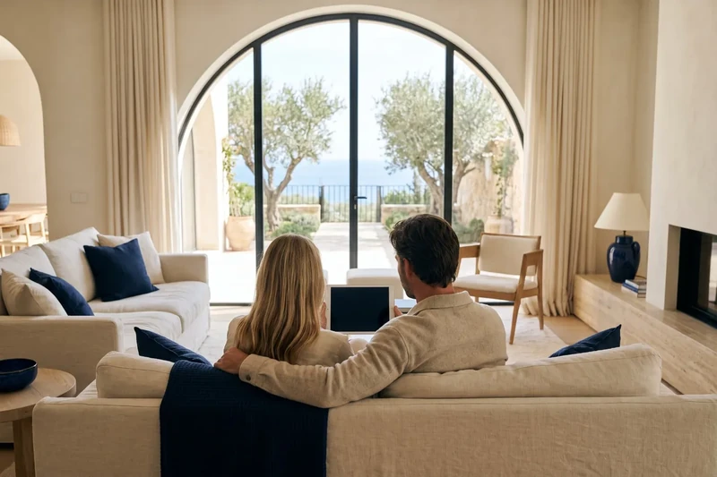 Couple viewing a house on a tablet from their sofa