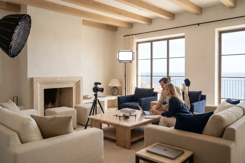 Video set rigged in the living room of a luxury home