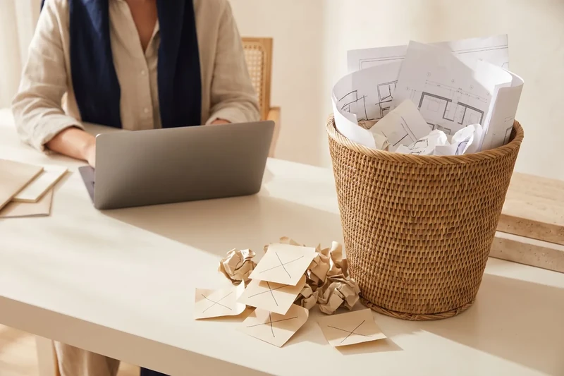 Crumpled notes next to a wicker wastepaper basket